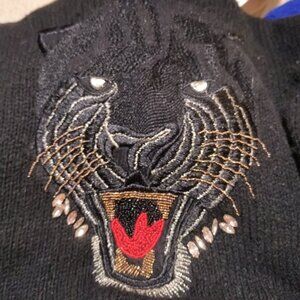 GUESS Y2K Panther Embroidered Sweater Beaded Graphic Knit Black XS Oversized